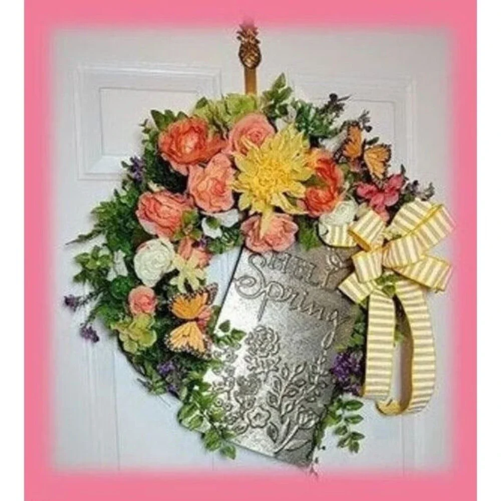 Hello Spring Butterfly Wreath, Spring Florals Grapevine, Floral Farmhouse Wreath
